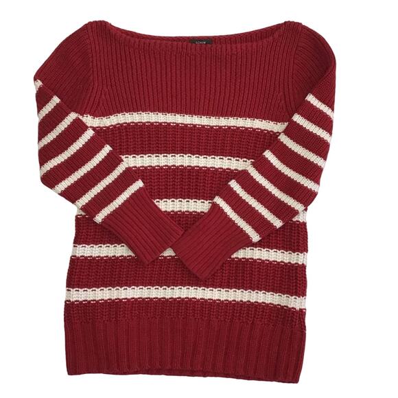 J. Crew Chunky Knit Nautical Dark Red White Stripe Boatneck Pullover Sweater XS - Picture 3 of 7